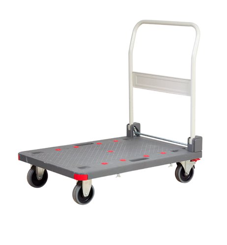 GI918Y | Heavy Duty Plastic Trolley With Corner BuffersCan Be Stacked 5 High For Easy StorageComplete With Mechanism ProtectorsMobile on 2 Fixed & 2 Swivel Braked 100mm Non-Marking Rubber 'Quiet Castors'Carry handles integrated into the platform easier manoeuvering