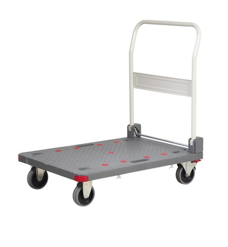 GI919Y | Heavy Duty Plastic Trolley With Corner BuffersCan Be Stacked 5 High For Easy StorageComplete With Mechanism ProtectorsMobile on 2 Fixed & 2 Swivel Braked 125mm Non-Marking Rubber 'Quiet Castors'Carry handles integrated into the platform easier manoeuvering