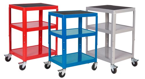 Adjustable Height Trolley; 3 Shelf; Swivel (x2 Braked) Castors; Steel; 150kg; Grey