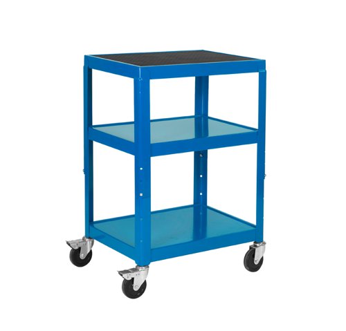 Adjustable Height Trolley; 3 Shelf; Swivel (x2 Braked) Castors; Steel; 150kg; Blue