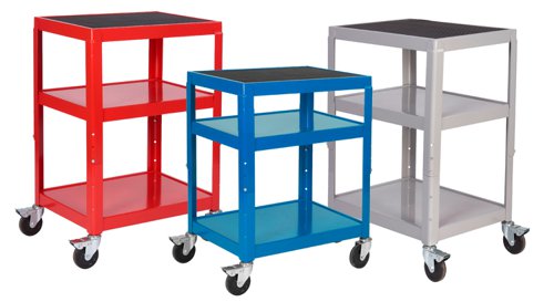 Perfect for Colour Co-ordinating Company Depts EtcShelves are Manufactured from 20 Gauge Steel with Smooth Rounded Edges for Extra Strength, with the Legs Constructed from 14 Gauge Steel.Top shelf is easily adjustable to 3 heights; 715, 850 & 1060mm & comes complete with a ribbed rubber mat