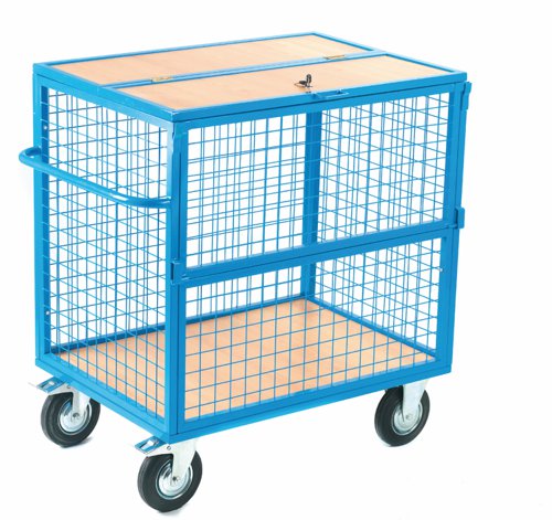 Security Trolley; Mesh with Lockable Lid & Half Drop Front; Fixed/Swivel (x2 Braked) Castors; Steel/Wire Mesh; 350kg; Blue GIS71M