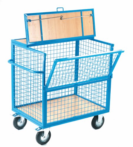 Security Trolley; Mesh with Lockable Lid & Half Drop Front; Fixed/Swivel (x2 Braked) Castors; Steel/Wire Mesh; 350kg; Blue GIS71M