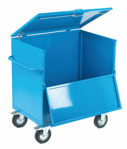 Security Trolley; Solid Sides with Lockable Lid & Half Drop Front; Fixed/Swivel (x2 Braked) Castors; Steel; 350kg; Blue