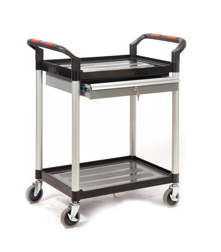 Proplaz®2 Shelf Trolley with a Lockable Steel Drawer; Swivel (x2 Braked) Castors; Anodised Aluminium/Plastic; 150kg; Black/Silver
