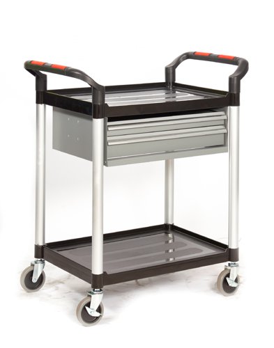 Proplaz®2 Shelf Trolley with 2x Steel Drawers; Swivel (x2 Braked) Castors; Anodised Aluminium/Plastic; 150kg; Black/Silver