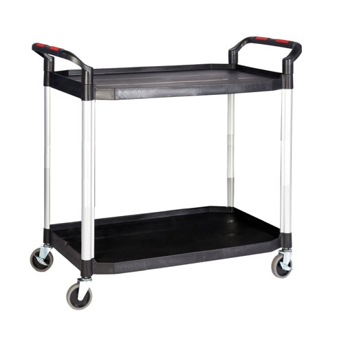 Proplaz®Large 2 Shelf Trolley; Swivel (x2 Braked) Castors; Anodised Aluminium/Plastic; 150kg; Black/Silver