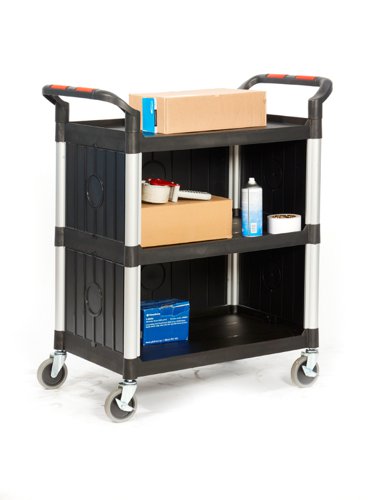 Proplaz®3 Shelf Trolley with High Quality Plastic Sides; Swivel (x2 Braked) Castors; Anodised Aluminium/Plastic; 150kg; Black/Silver