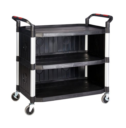 Proplaz®Large 3 Shelf Trolley with High Quality Plastic Sides; Swivel (x2 Braked) Castors; Anodised Aluminium/Plastic; 150kg; Black/Silver