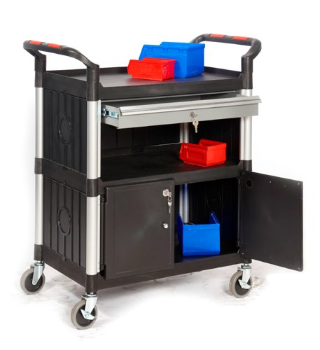 2 Shelf Trolley With 2 x Steel DrawersHigh Quality Hardwearing Black Plastic Shleves with Grey Aluminium UprightsIdeal for Warehouses, Garages, Workships, Laboratories EtcLightweight & Easy to CleanAll shelves have retention lips on 3 sidesIncorportates smooth running grey drawer and black plastic cupboard