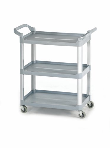 HI424Y | 3 Shelf Grey TrolleyPlastic Shelves with Strong Aluminium UprightsHygienic - Easy to CleanHas a 25mm Lip on 3 Sides & a 25mm Rim on 1 side