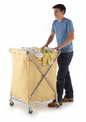 Folding Laundry Trolley; Folding X Type Model; Swivel Castors; Chrome Plated Steel/Canvas; 150kg; Silver/Creme