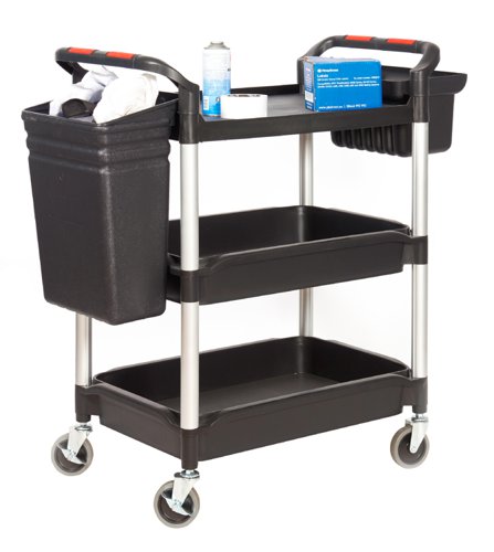 Proplaz® Plus Trolley; 3 Deep Trays c/w Hook On Buckets; Swivel (x2 Braked)Castors; Anodised Aluminium/Plastic; 150kg; Black/Silver
