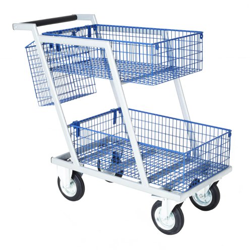 MRT03Y | This Premium Mailroom Trolley is manufactured from strong tubular steel with 4 x200mm wheels (2 fixed & 2 swivel). It comes complete with 2 extr a large basketsand a rear panier basket, providing both durability and mobilit y with an enhancedcarrying capacity for transporting mail and small parcels in th e workplace.