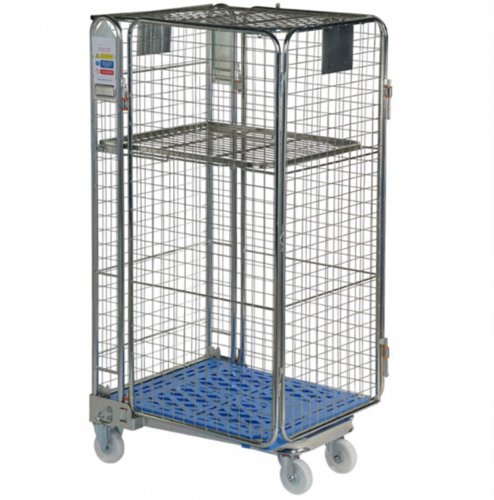 Plastic Base Nestable Roll Container; 4 Security Unit (50 x 50mm Mesh); Internal Height mm: 1430; Silver/Blue Base