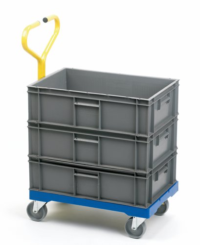 Container Dolly with Handle; 610 x 400 x 930; Swivel Castors; Plastic; 250kg; Blue/Yellow
