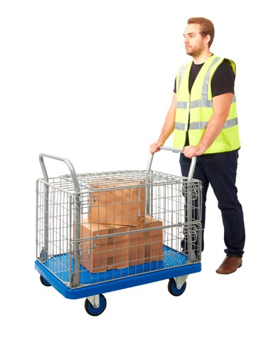 Proplaz® Blue Mesh Truck With Hinged Lid Top & Half Drop Side; Fixed/Swivel Low Noise Castors; Steel/Plastic; 300kg; Blue/Grey