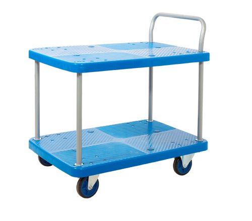 Proplaz® Blue Two Tier Trolley; Fixed/Swivel Castors; Steel/Plastic; 300kg; Blue/Grey
