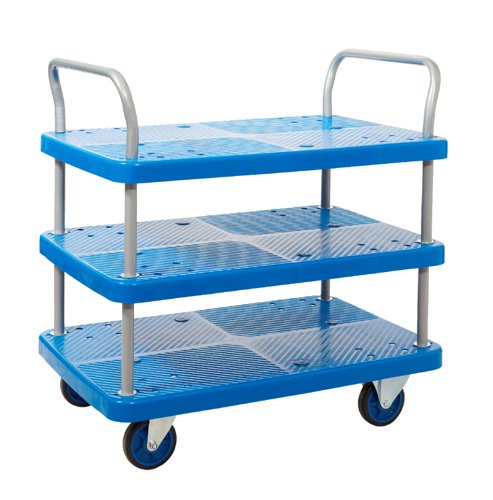 Proplaz® Blue Three Tier Trolley; Fixed/Swivel Castors; Steel/Plastic; 300kg; Blue/Grey