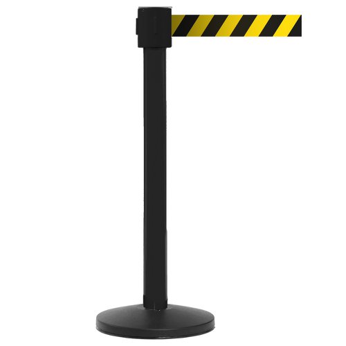Obex Barriers® Premium Safety Belt Barrier; Belt Length mm: 10600; Black Post; Black/Yellow Chevron