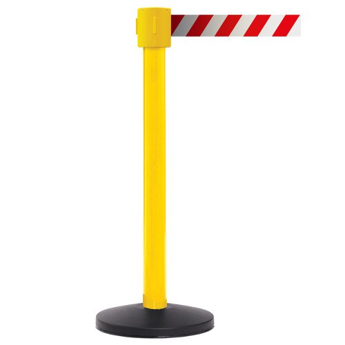 Obex Barriers® Premium Safety Belt Barrier; Belt Length mm: 10600; Yellow Post; Red/White Chevron