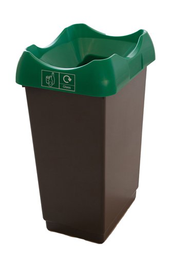 Recycling Bin c/w Sticker; Open Hole; 50L; Grey Body; Green Lid; Plastic