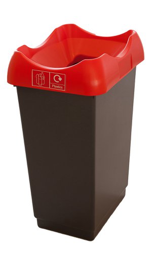 Recycling Bin c/w Sticker; Open Hole; 50L; Grey Body; Red Lid; Plastic