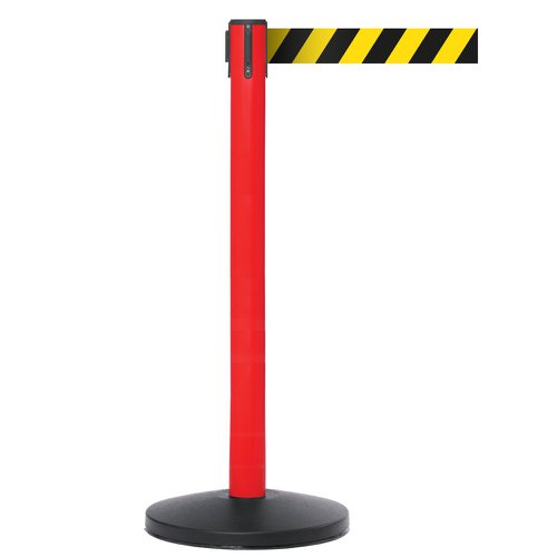 Obex Barriers® Safety Belt Barrier; Belt Length mm: 3400; Red Post; Black/Yellow Chevron | SBBS34CHRPBYC | GPC Industries Ltd