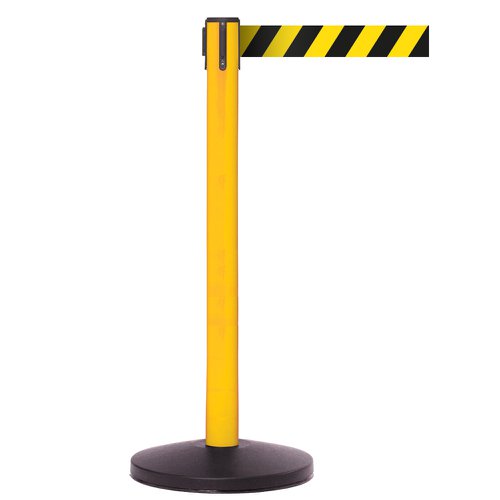 Obex Barriers® Safety Belt Barrier; Belt Length mm: 3400; Yellow Post; Black/Yellow Chevron | SBBS34CHYPBYC | GPC Industries Ltd