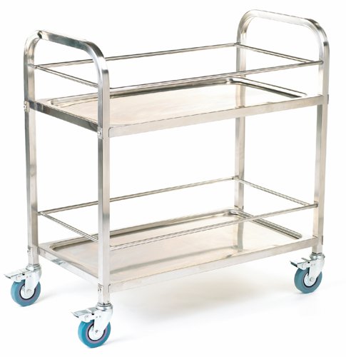 Shelf Trolley; 2 Shelf with Rod Surrounds; Swivel (x4 Braked) Castors; Stainless Steel; 100kg; Silver