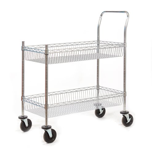 Wire Trolley; 2 Shelves with Wire Surround; Fixed/Swivel (x2 Braked) Castors; Chrome Plated Wire; 120kg; Silver SWI42Y