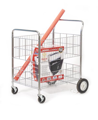 Wire Trolley; 2 Shelves (1 removable); Fixed/Swivel (x2 Braked) Castors; Chrome Plated Wire; 120kg; Silver