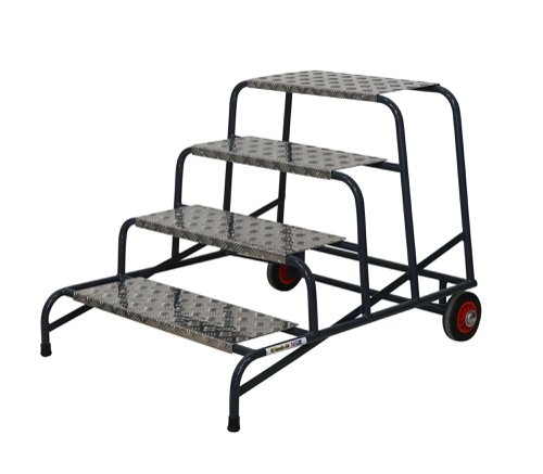 Wide Work Steps - 250mm Platform - 4 Tread - Chequer Plate Tread - with Wheels