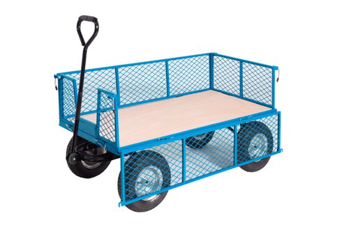 General purpose trucks with either mesh or strong exterior grade plywood baseMobile on REACH Compliant Puncture Proof, 340mm steel centred wheelsSides (2 x 275mm drop down) & ends interlock together