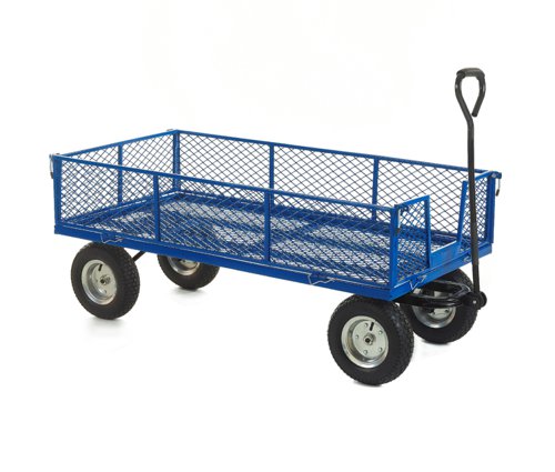 Industrial general purpose truck with a mesh baseMobile on REACH Compliant, 340mm pneumatic steel centred wheelsSides (2 x 275mm drop down) & ends interlock together