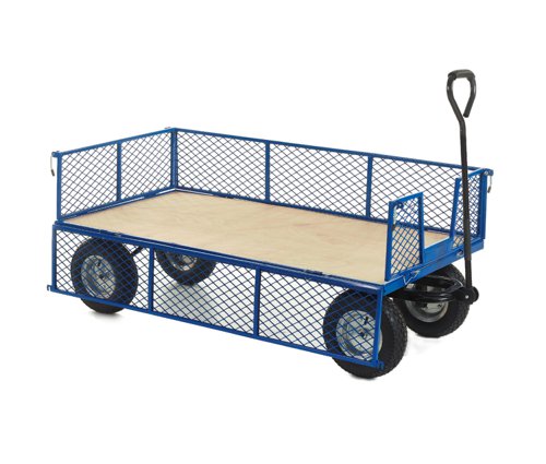 Industrial general purpose trucks with either mesh or strong exterior grade plywood baseMobile on REACH Compliant, 340mm pneumatic steel centred wheelsSides (2 x 275mm drop down) & ends interlock together