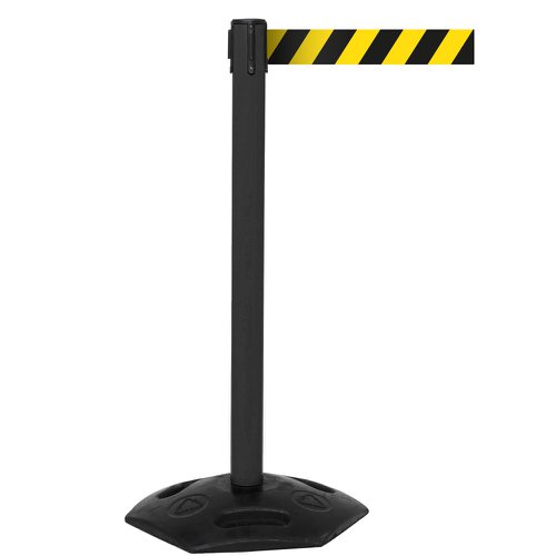 Obex Barriers® Weatherproof Single Belt Barrier; Belt Length mm: 3400; Black Post; Black/Yellow Chevron WMS34CHBPBYC