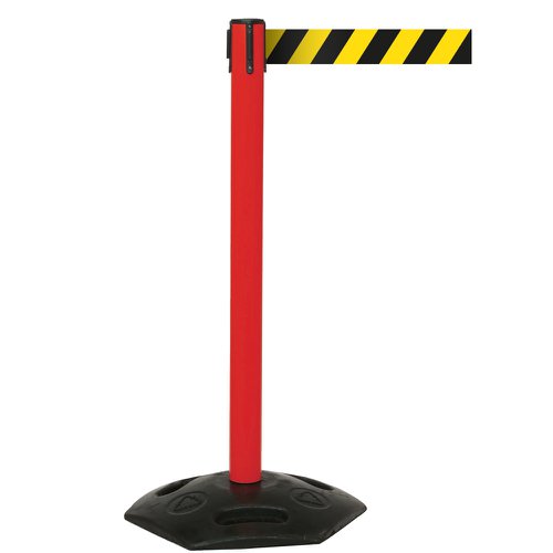 Obex Barriers® Weatherproof Single Belt Barrier; Belt Length mm: 4900; Red Post; Black/Yellow Chevron GPC Industries Ltd