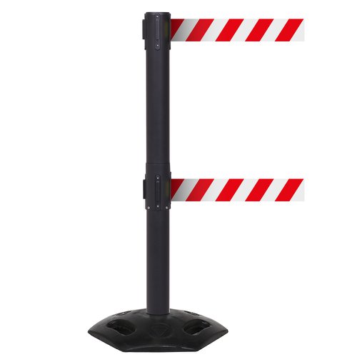 Obex Barriers® Weatherproof Twin Belt Barrier; Belt Length mm: 3400; Black Post; Red/White Chevron