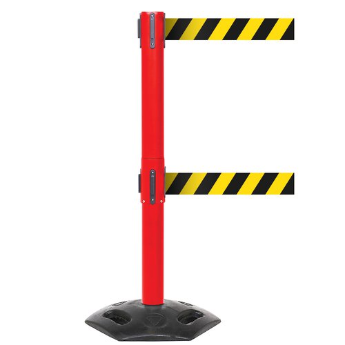 Obex Barriers® Weatherproof Twin Belt Barrier; Belt Length mm: 3400; Red Post; Black/Yellow Chevron