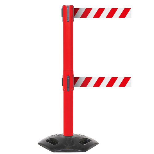 Obex Barriers® Weatherproof Twin Belt Barrier; Belt Length mm: 3400; Red Post; Red/White Chevron