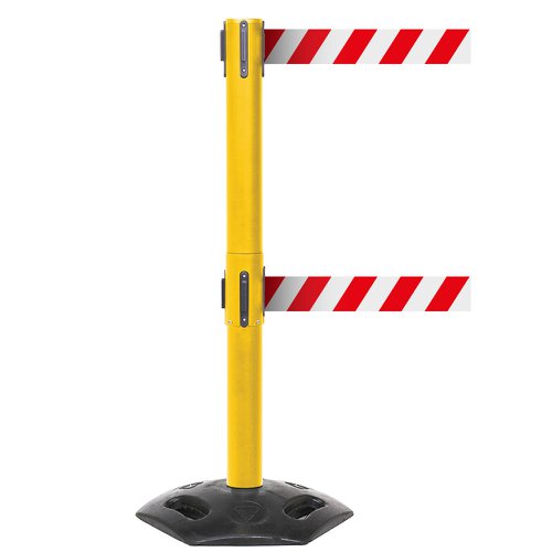 Obex Barriers® Weatherproof Twin Belt Barrier; Belt Length mm: 3400; Yellow Post; Red/White Chevron