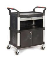 Proplaz®3 Shelf Trolley with a Lockable Steel Drawer & Cupboard; Swivel (x2 Braked) Castors; Anodised Aluminium/Plastic; 150kg; Black/Silver