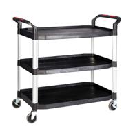 Proplaz®Large 3 Shelf Trolley; Swivel (x2 Braked) Castors; Anodised Aluminium/Plastic; 150kg; Black/Silver
