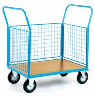 3 Mesh Sides Platform Truck; 1300 x 700 x 1050; Fixed/Swivel (x2 Braked) Castors; Steel; 500kg; Blue/Veneer