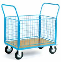 4 Mesh Sides Platform Truck; 1300 x 700 x 1050; Fixed/Swivel (x2 Braked) Castors; Steel; 500kg; Blue/Veneer