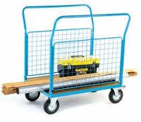 2 Mesh Sides Platform Truck; 1300 x 700 x 1050; Fixed/Swivel (x2 Braked) Castors; Steel; 500kg; Blue/Veneer