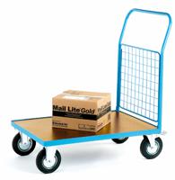 Single Mesh End Platform Truck; 1500 x 800 x 1050; Fixed/Swivel (x2 Braked) Castors; Steel; 500kg; Blue/Veneer