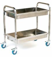 Tray Trolley; 2 Deep Shelves; Swivel (x4 Braked) Castors; Stainless Steel; 100kg; Silver