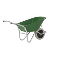 OLYMPUS WHEELBARROW - Galvanised Frame, Green Plastic Pan, Grey Puncture Proof Wheel with Black Centre